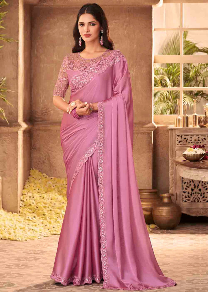 Ultra Pink Designer Embroidered Satin Silk Saree with Sequence work