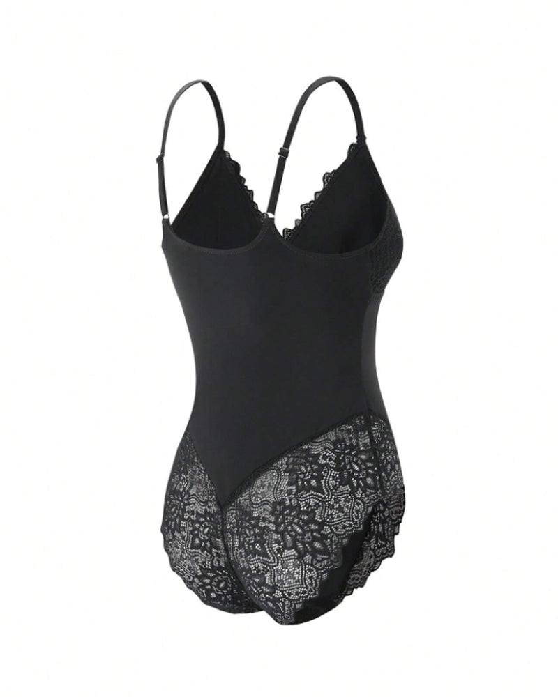 Women's Lace Sheer Spaghetti Strap Cami Bodysuit Sleeveless One Piece Shapewear  - By Qivii