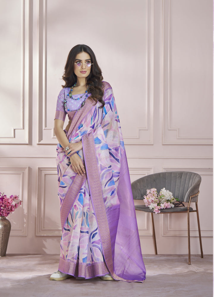 Purple Color Cotton Art Silk With Print And Zari Border Saree