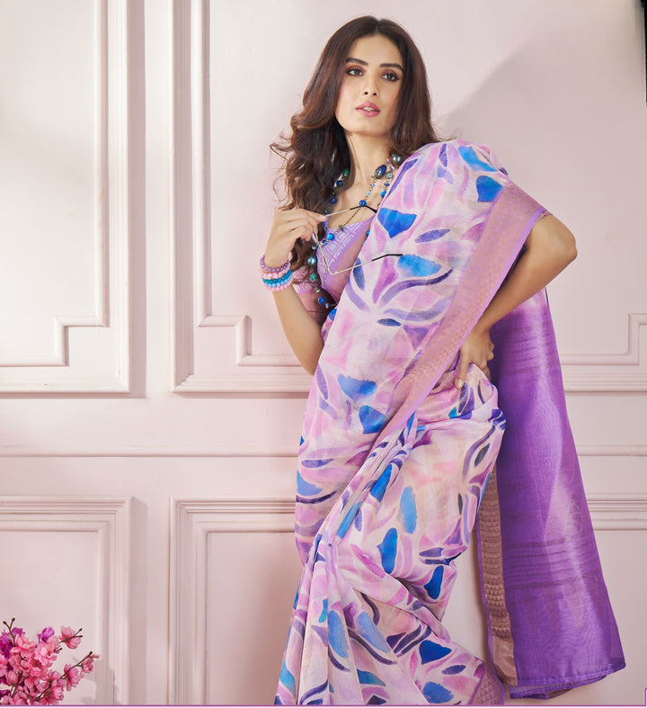 Purple Color Cotton Art Silk With Print And Zari Border Saree