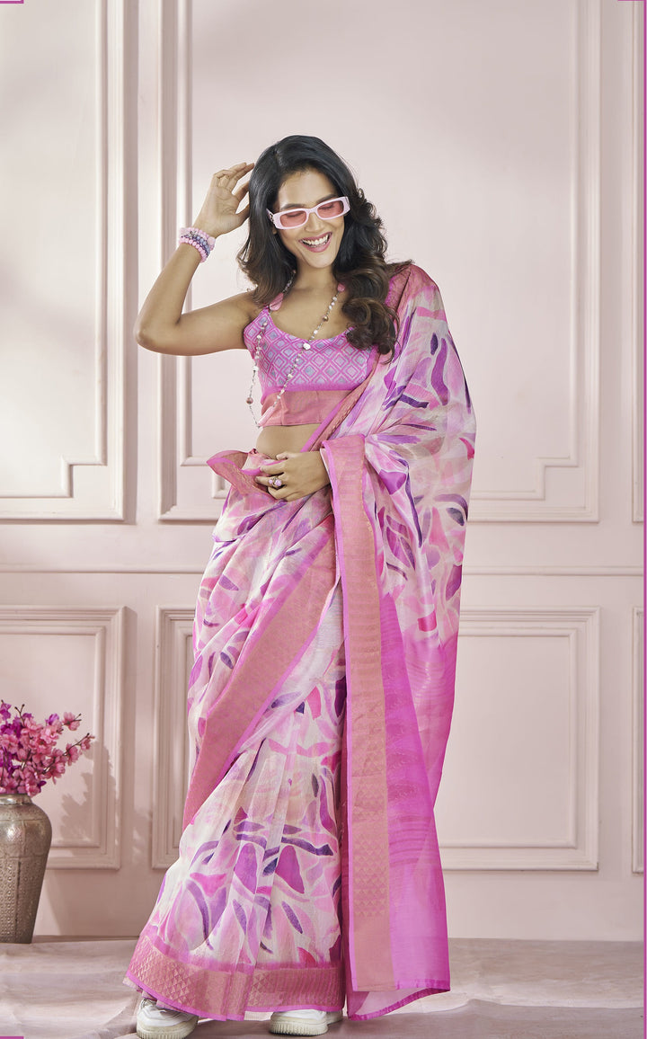 Pink Color Cotton Art Silk With Print And Zari Border Saree