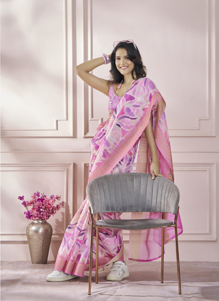 Pink Color Cotton Art Silk With Print And Zari Border Saree