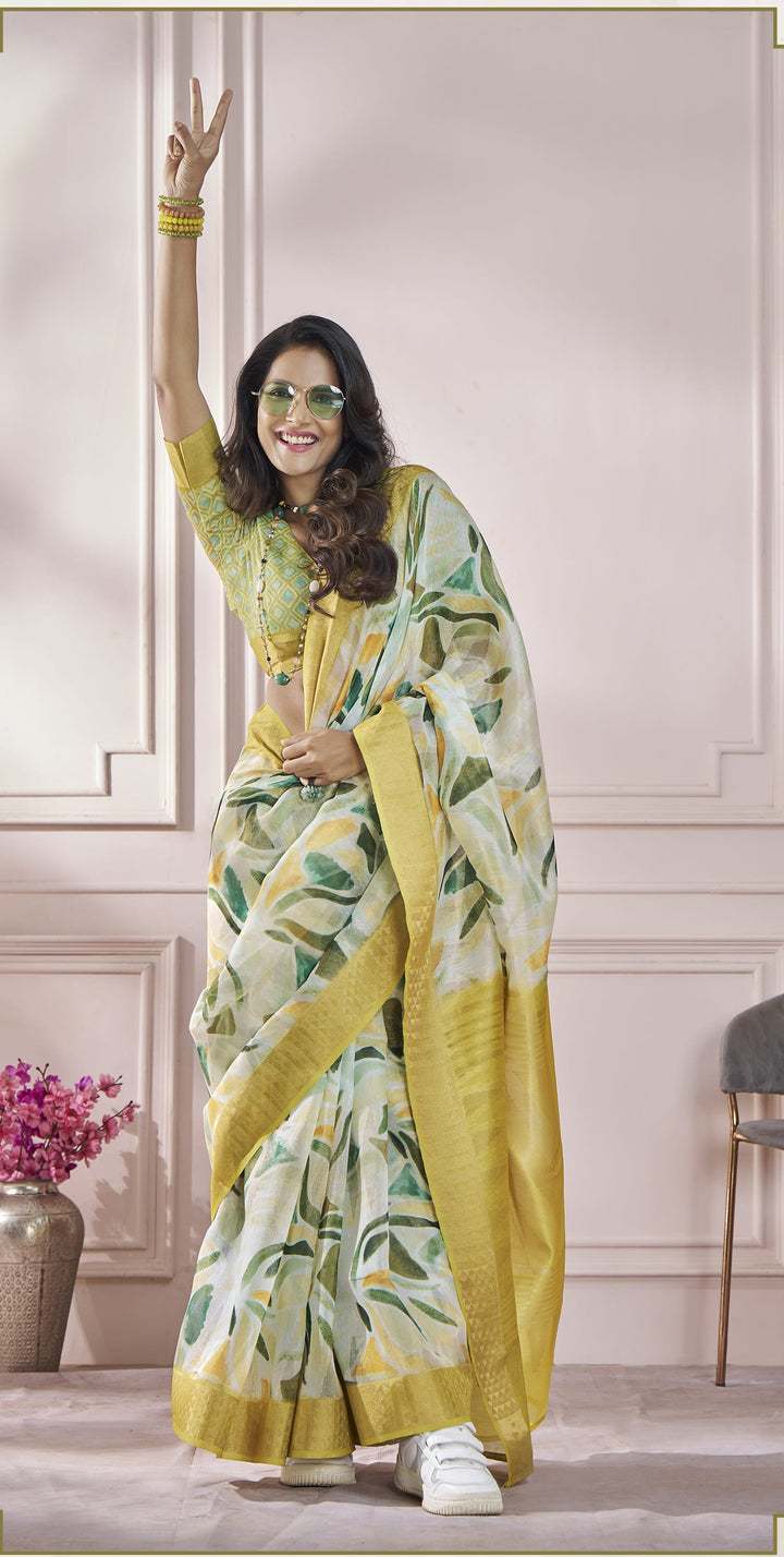 Yellow Color Cotton Art Silk With Print And Zari Border Saree