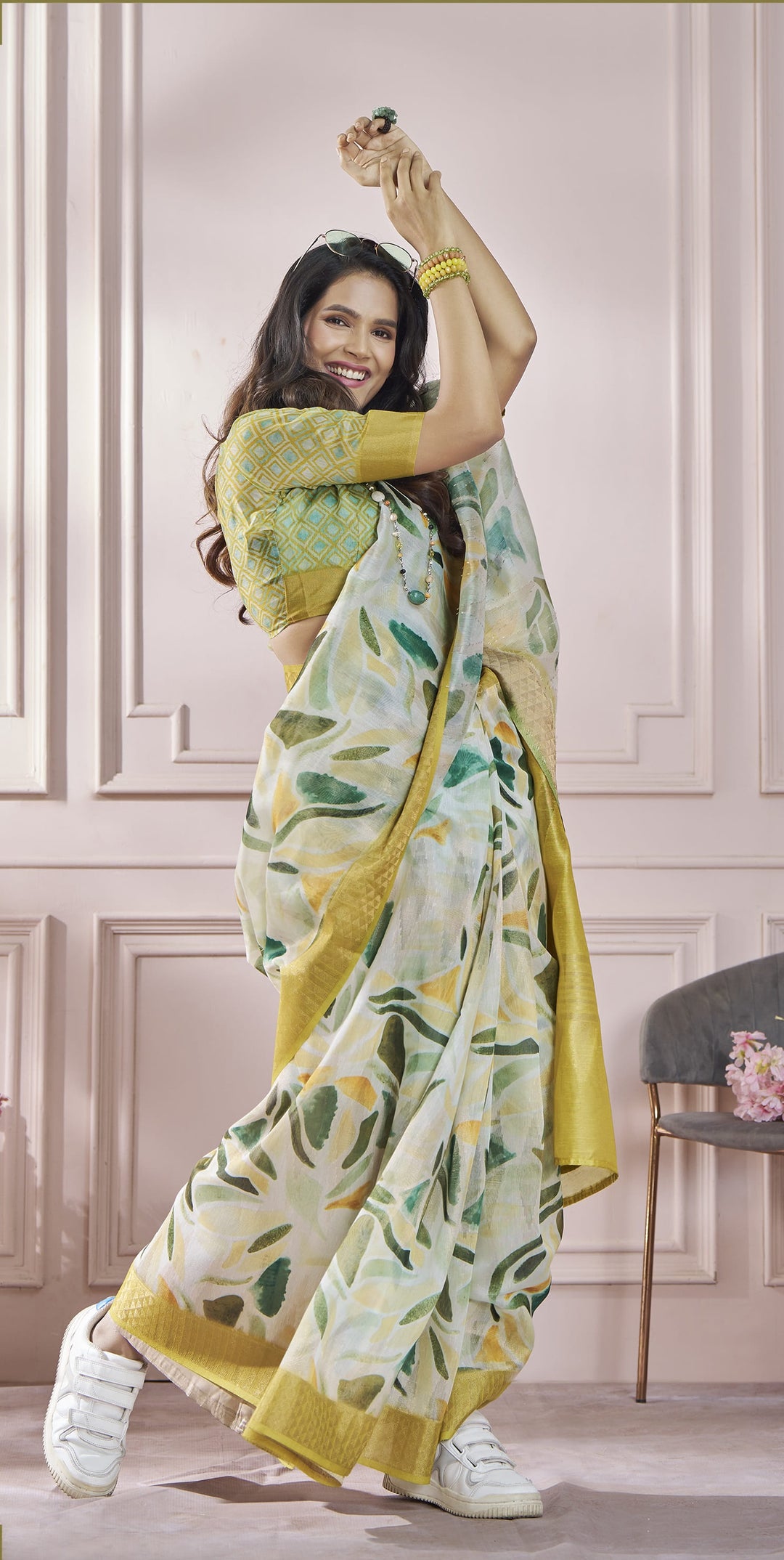 Yellow Color Cotton Art Silk With Print And Zari Border Saree