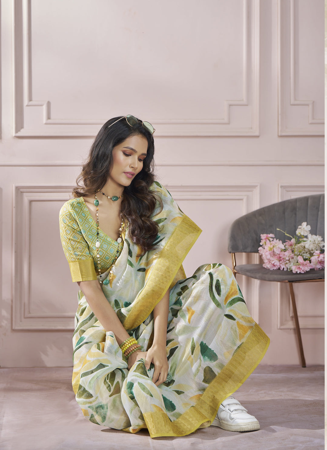 Yellow Color Cotton Art Silk With Print And Zari Border Saree