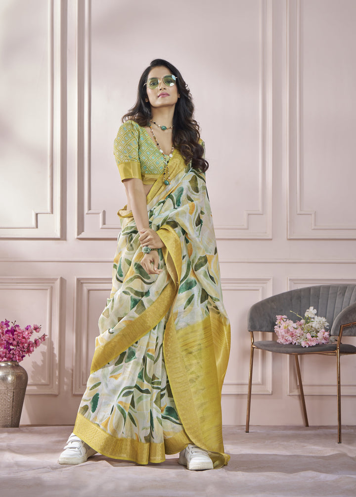 Yellow Color Cotton Art Silk With Print And Zari Border Saree