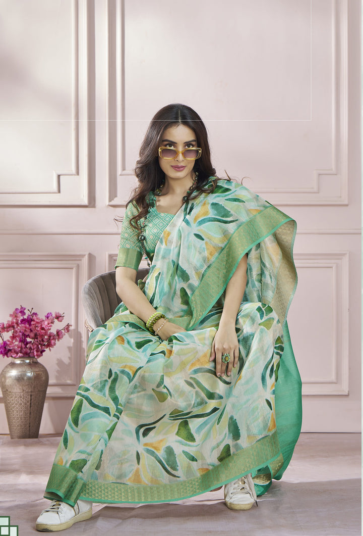 Green Color Cotton Art Silk With Print And Zari Border Saree