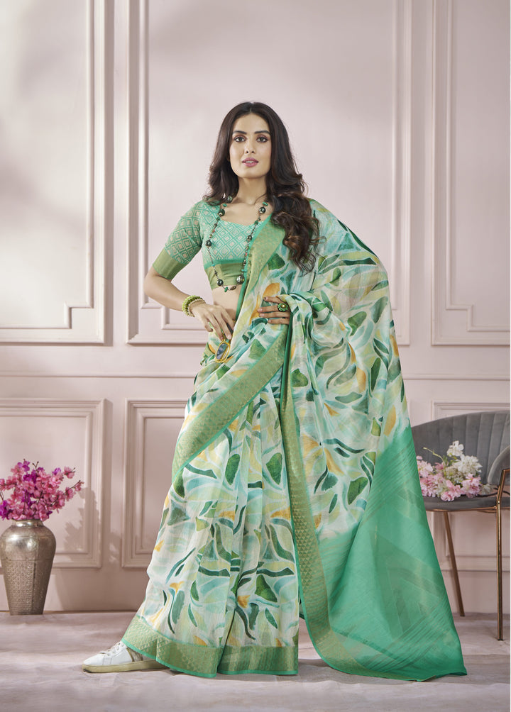 Green Color Cotton Art Silk With Print And Zari Border Saree