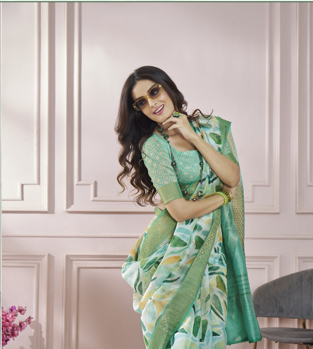 Green Color Cotton Art Silk With Print And Zari Border Saree