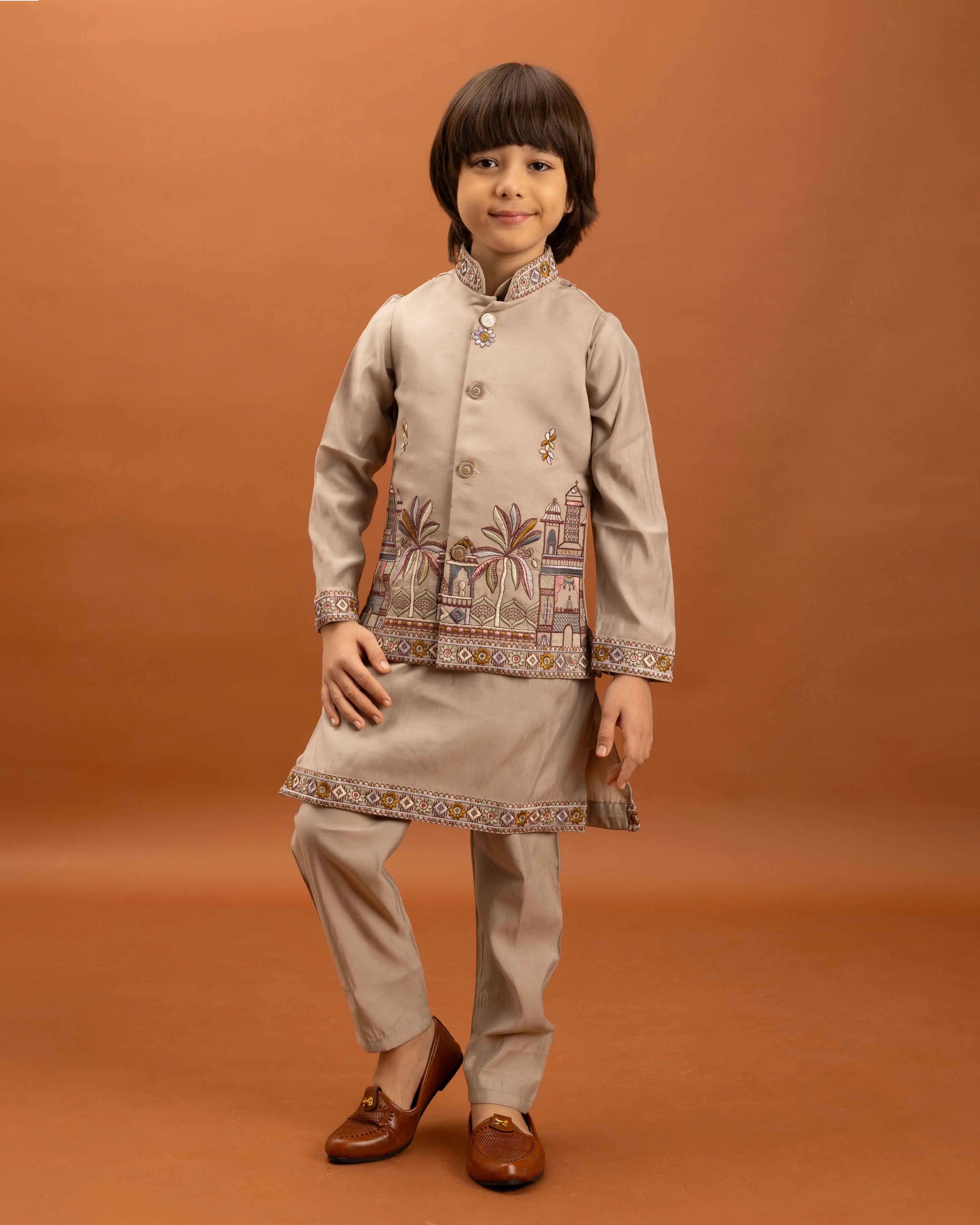 Beige Kurta Set With Thread Sequins Embroidery Work Koti