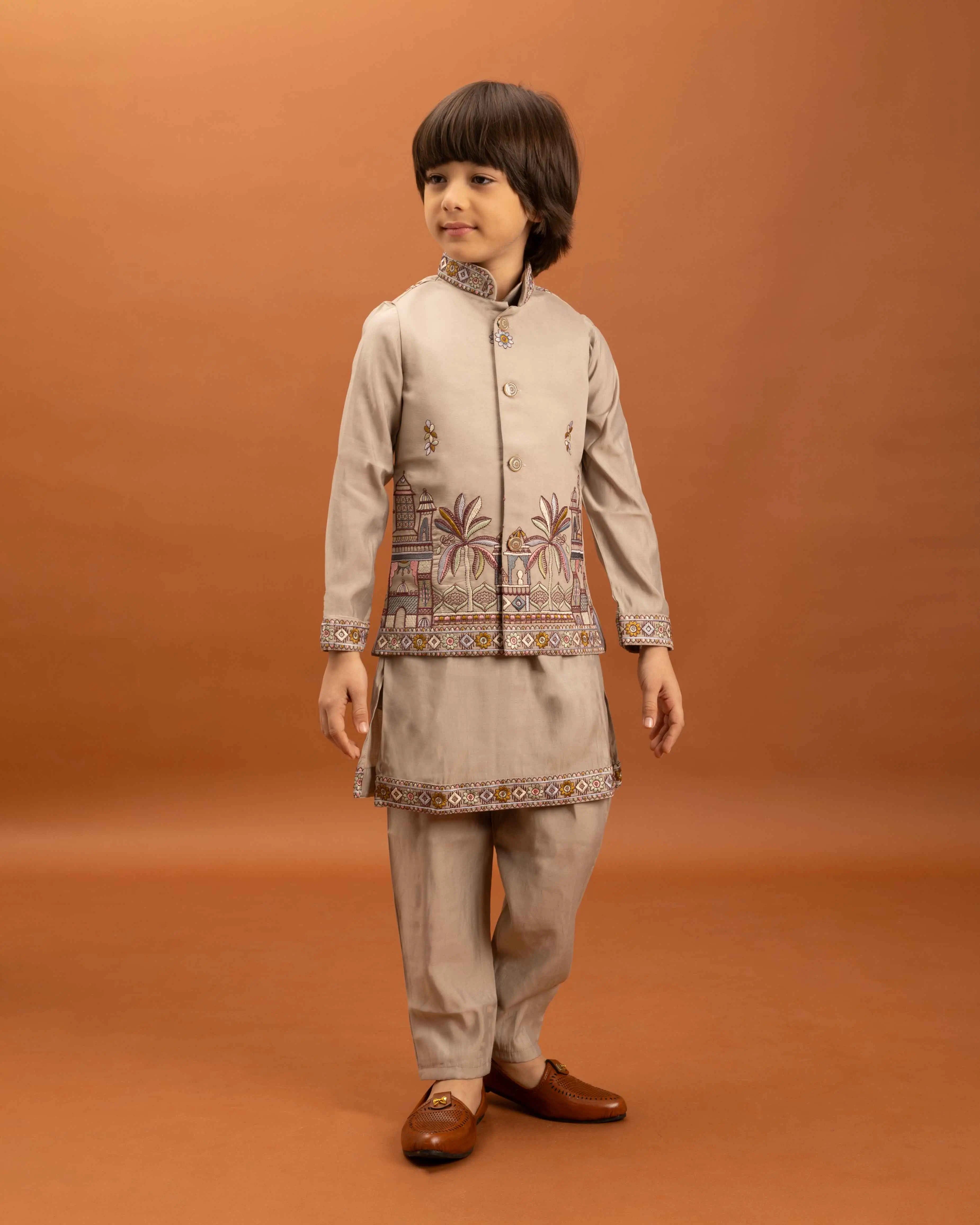 Beige Kurta Set With Thread Sequins Embroidery Work Koti