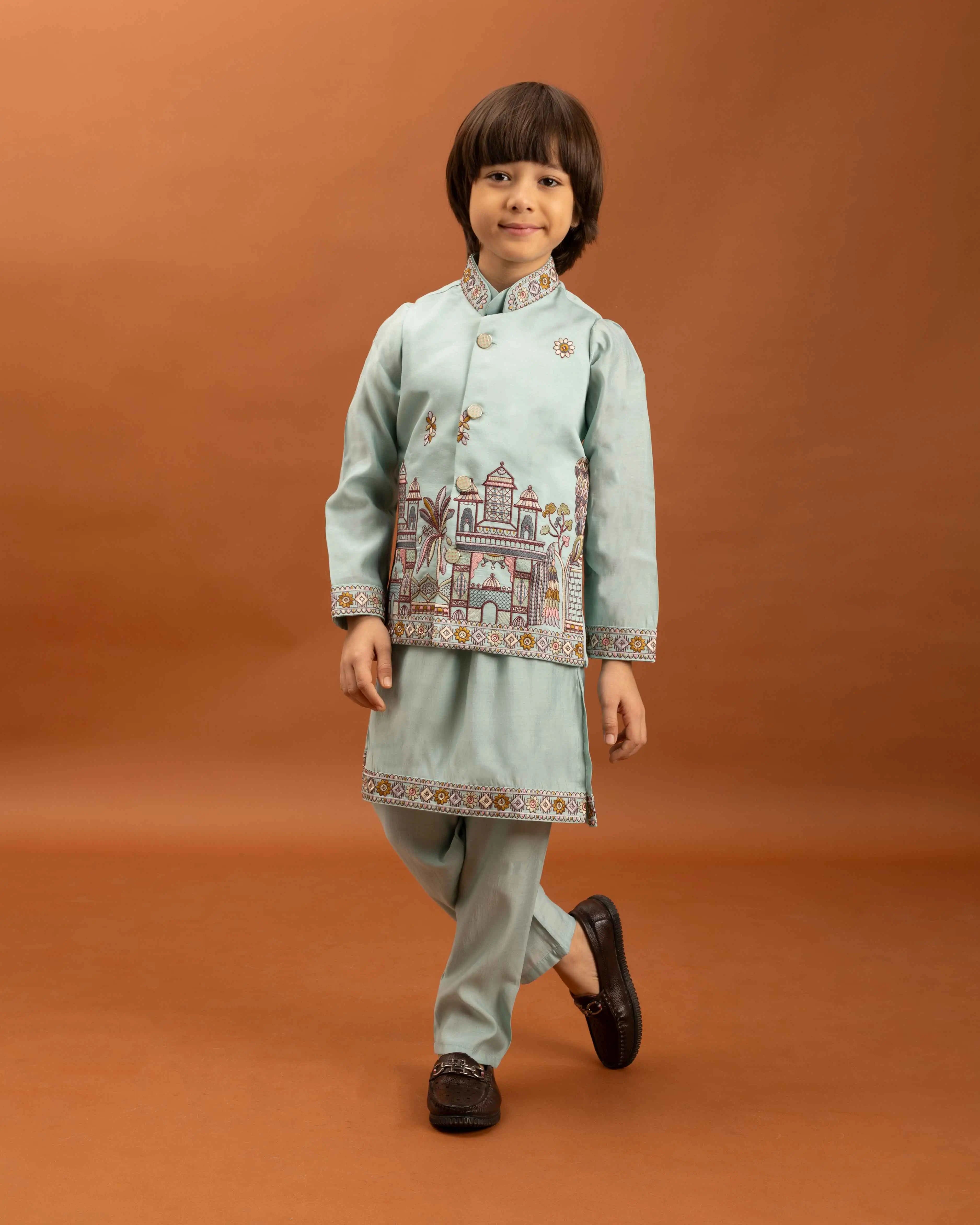 Sky Kurta Set With Thread Sequins Embroidery Work Koti