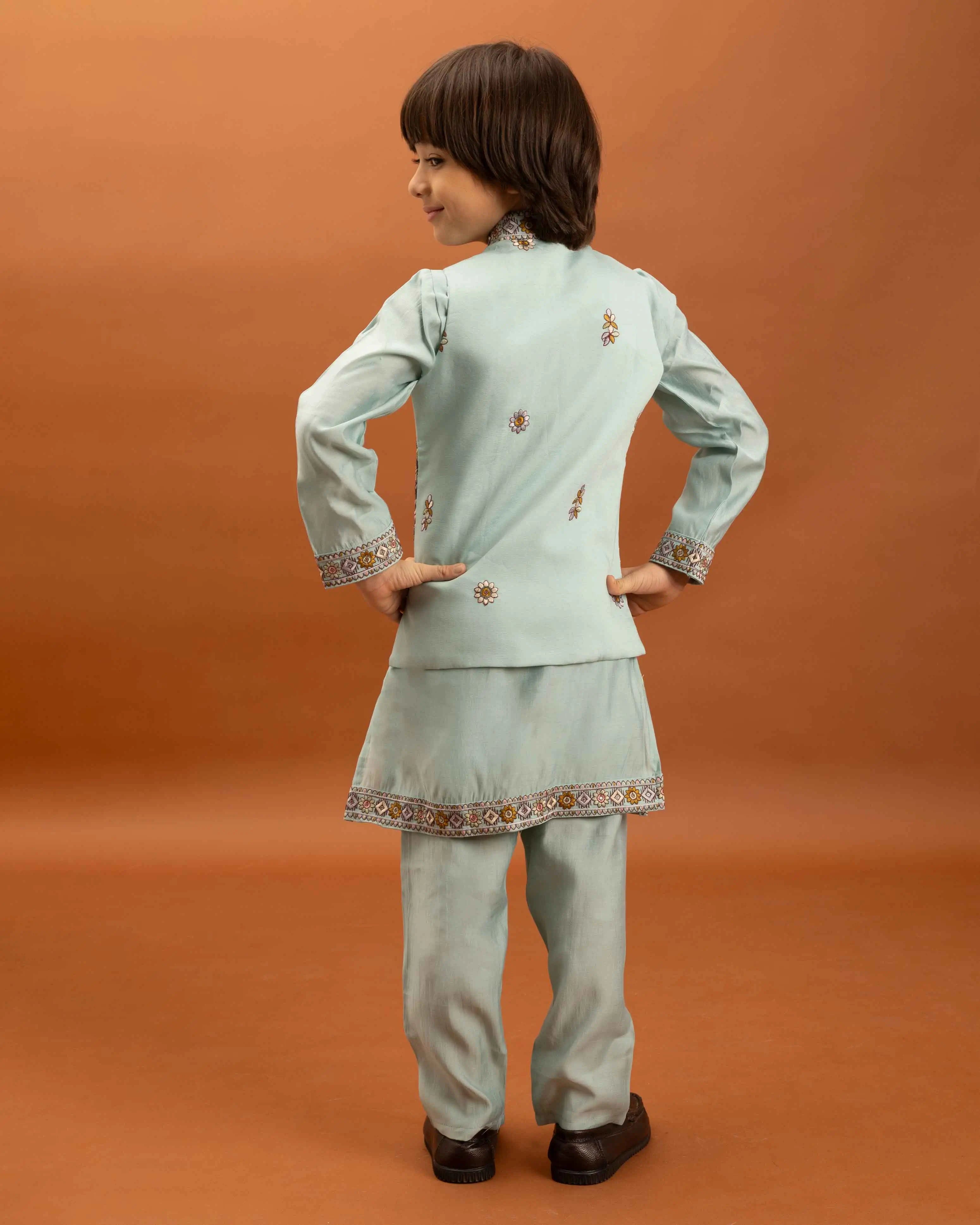 Sky Kurta Set With Thread Sequins Embroidery Work Koti