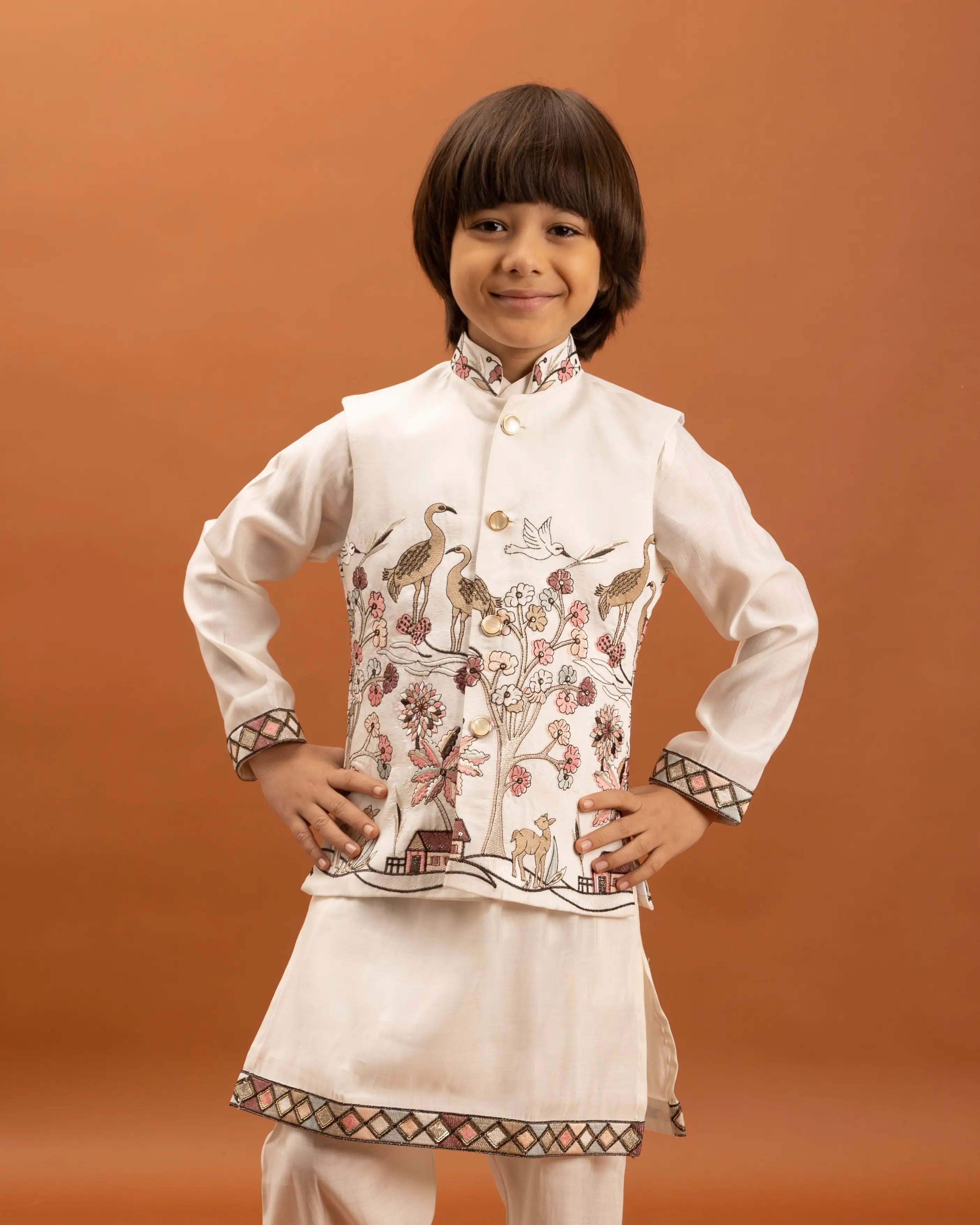 White Thread Sequins Embroidery Work Kurta Set With Koti