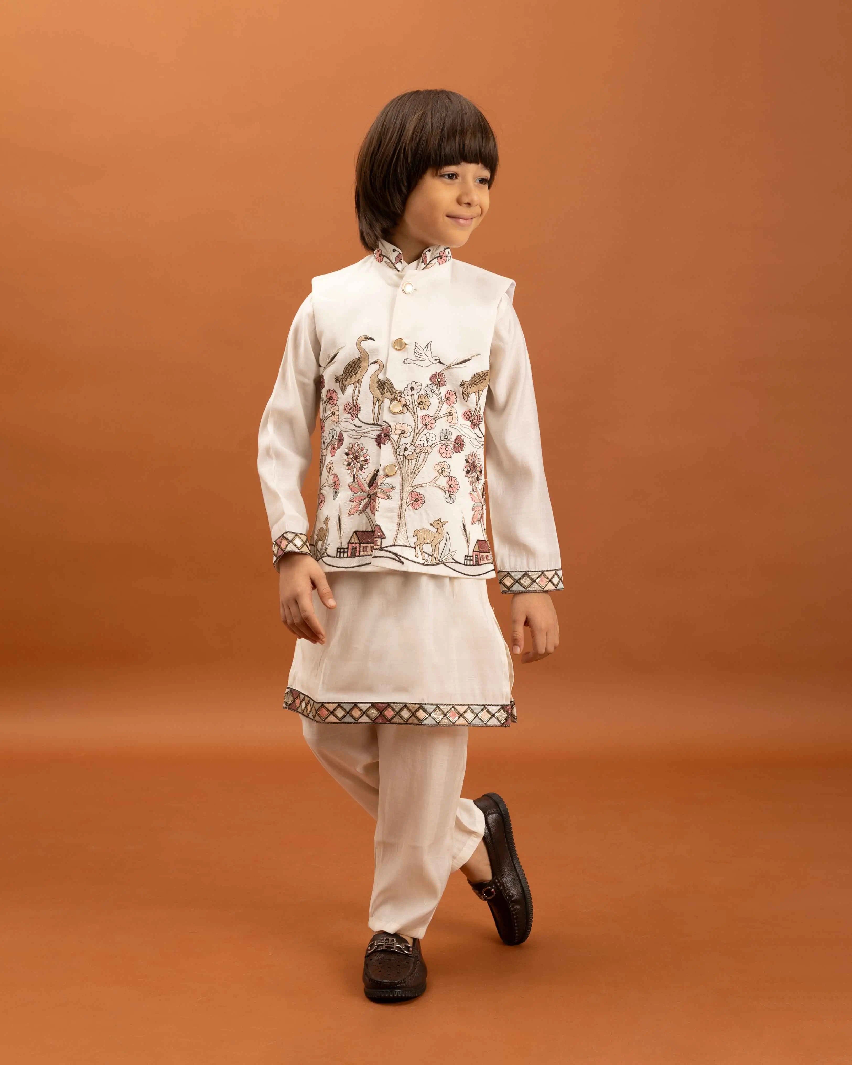 White Thread Sequins Embroidery Work Kurta Set With Koti