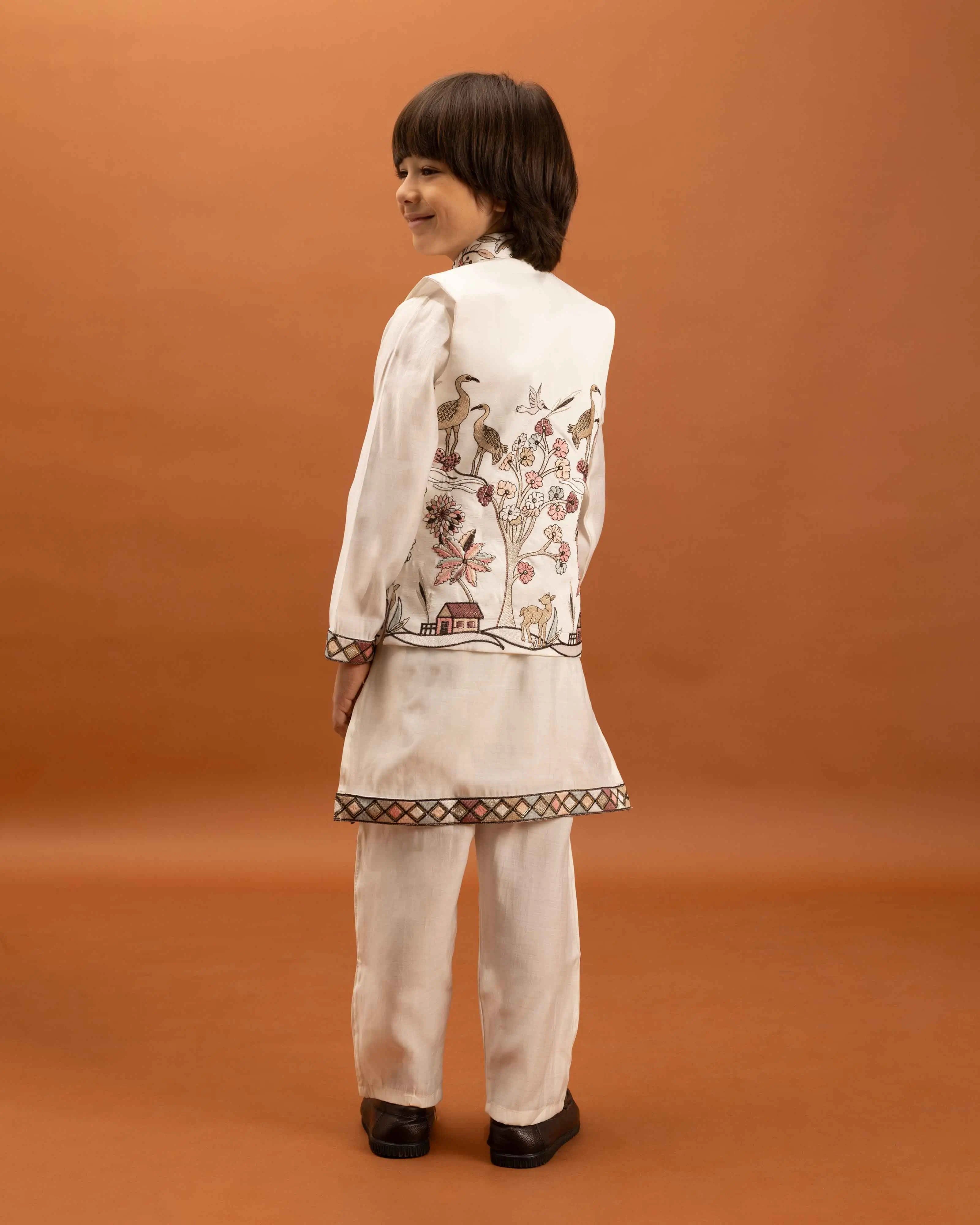 White Thread Sequins Embroidery Work Kurta Set With Koti