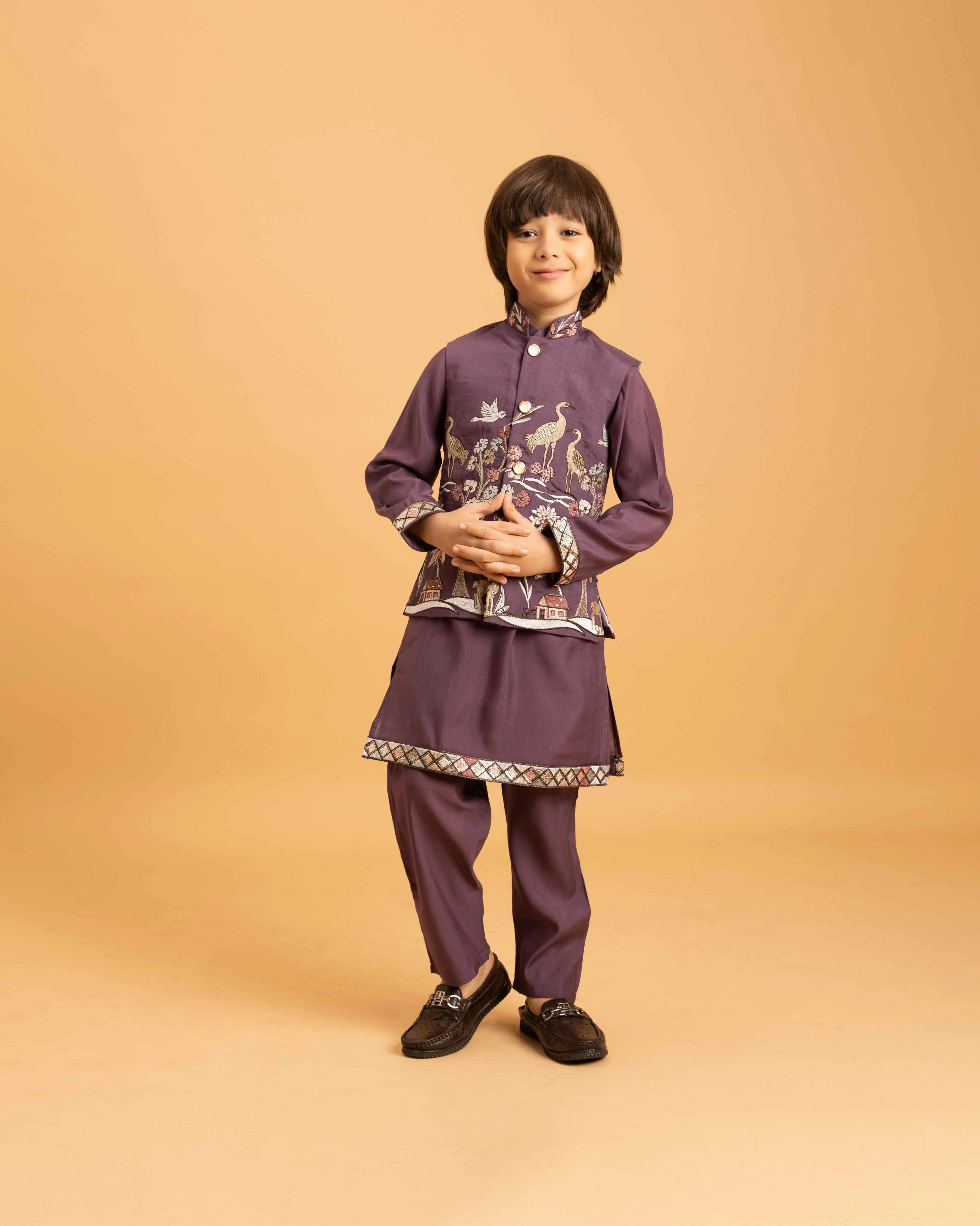 Purple Thread Sequins Embroidery Work Kurta Set With Koti