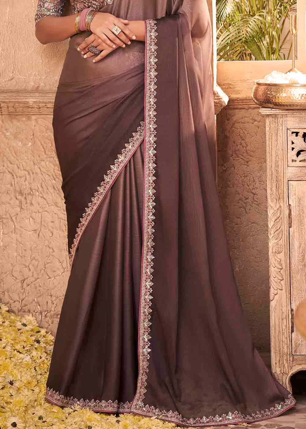 Shades Of Purple Designer Embroidered Satin Silk Saree with Sequence work