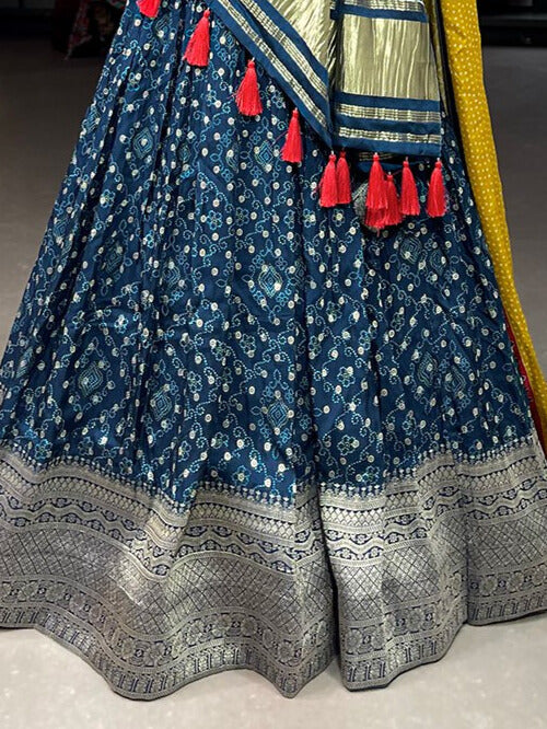 Viscose Dola Silk Printed With Zari Weaving Work Lehenga Choli in Navy Blue Color