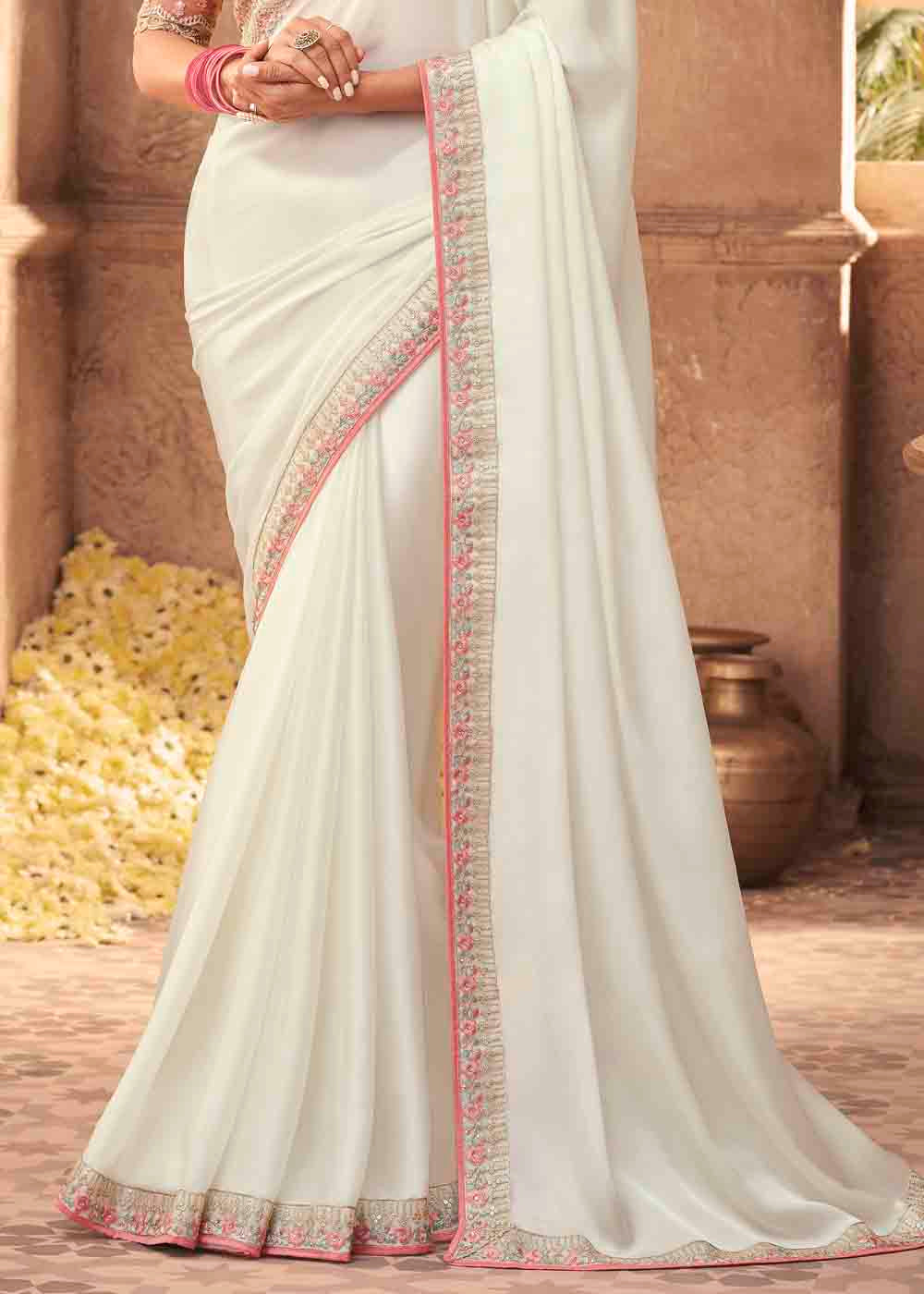 Pearl White Designer Embroidered Satin Silk Saree with Sequence work