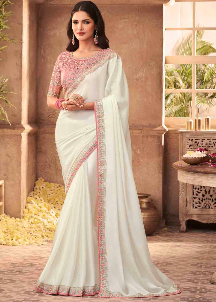 Pearl White Designer Embroidered Satin Silk Saree with Sequence work