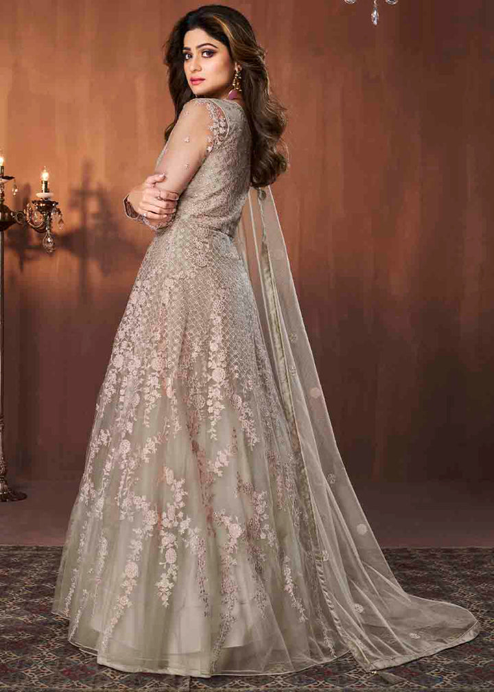 Greenish Grey Soft Net Embroidered Anarkali Suit: Top Pick By Qivii