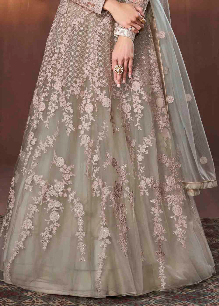 Greenish Grey Soft Net Embroidered Anarkali Suit: Top Pick By Qivii