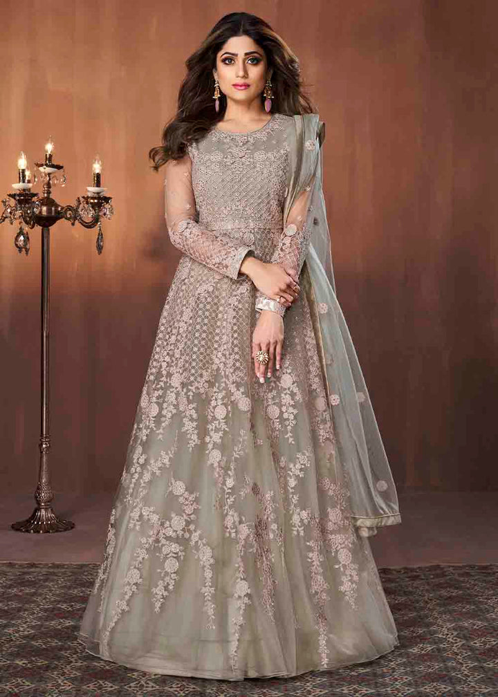 Greenish Grey Soft Net Embroidered Anarkali Suit: Top Pick By Qivii