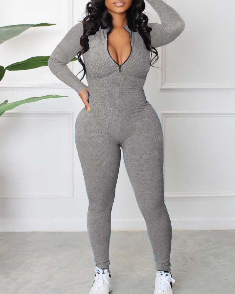 Women's Sexy Ribbed Long Sleeve Zipper Jumpsuits Casual Solid Bodycon Rompers  - By Qivii