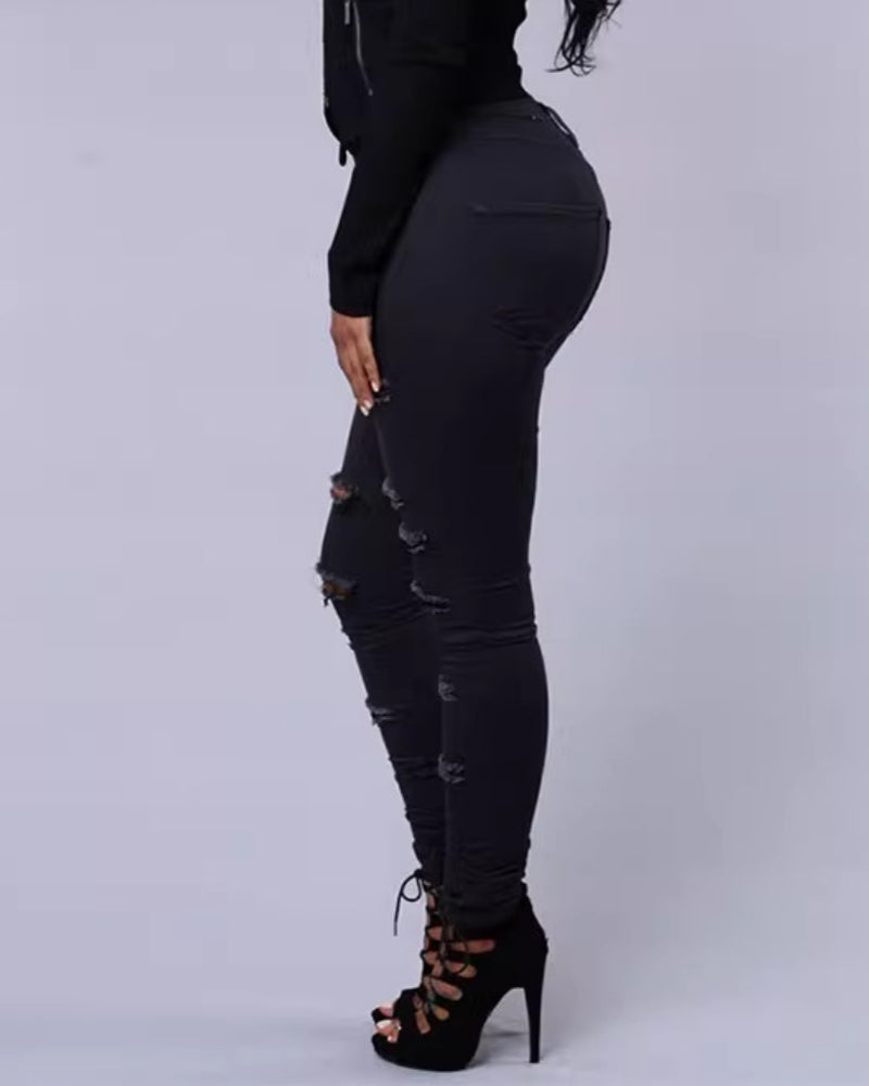 High-waist Stretch Ripped Skinny Jeans  - By Qivii