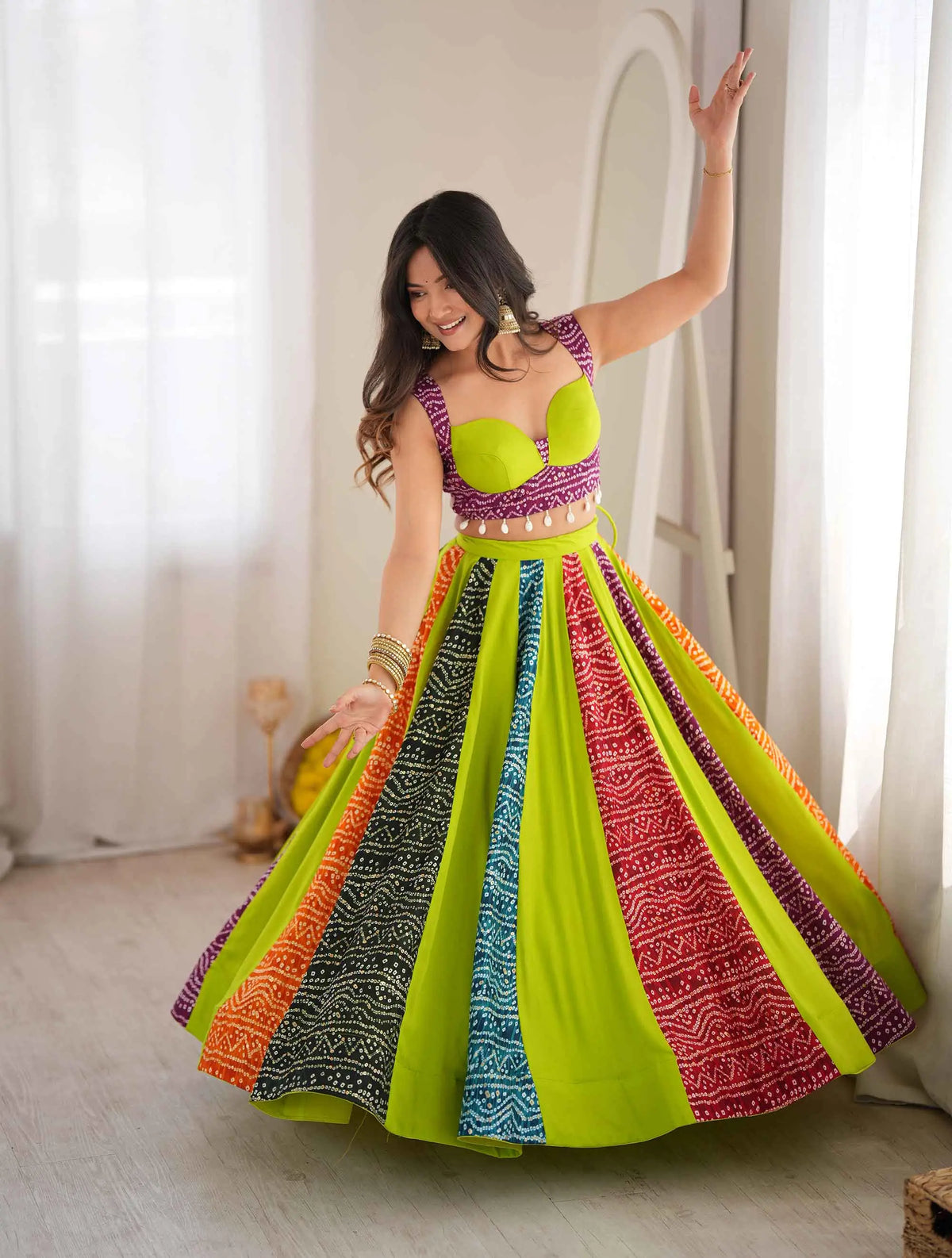 6 Meter Flair | Multicolor Navratri Lehenga With Digital Print & Kali Work