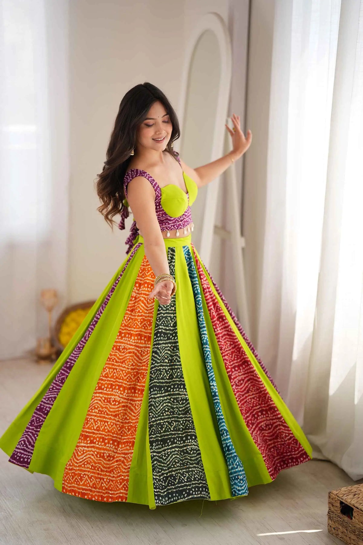 6 Meter Flair | Multicolor Navratri Lehenga With Digital Print & Kali Work