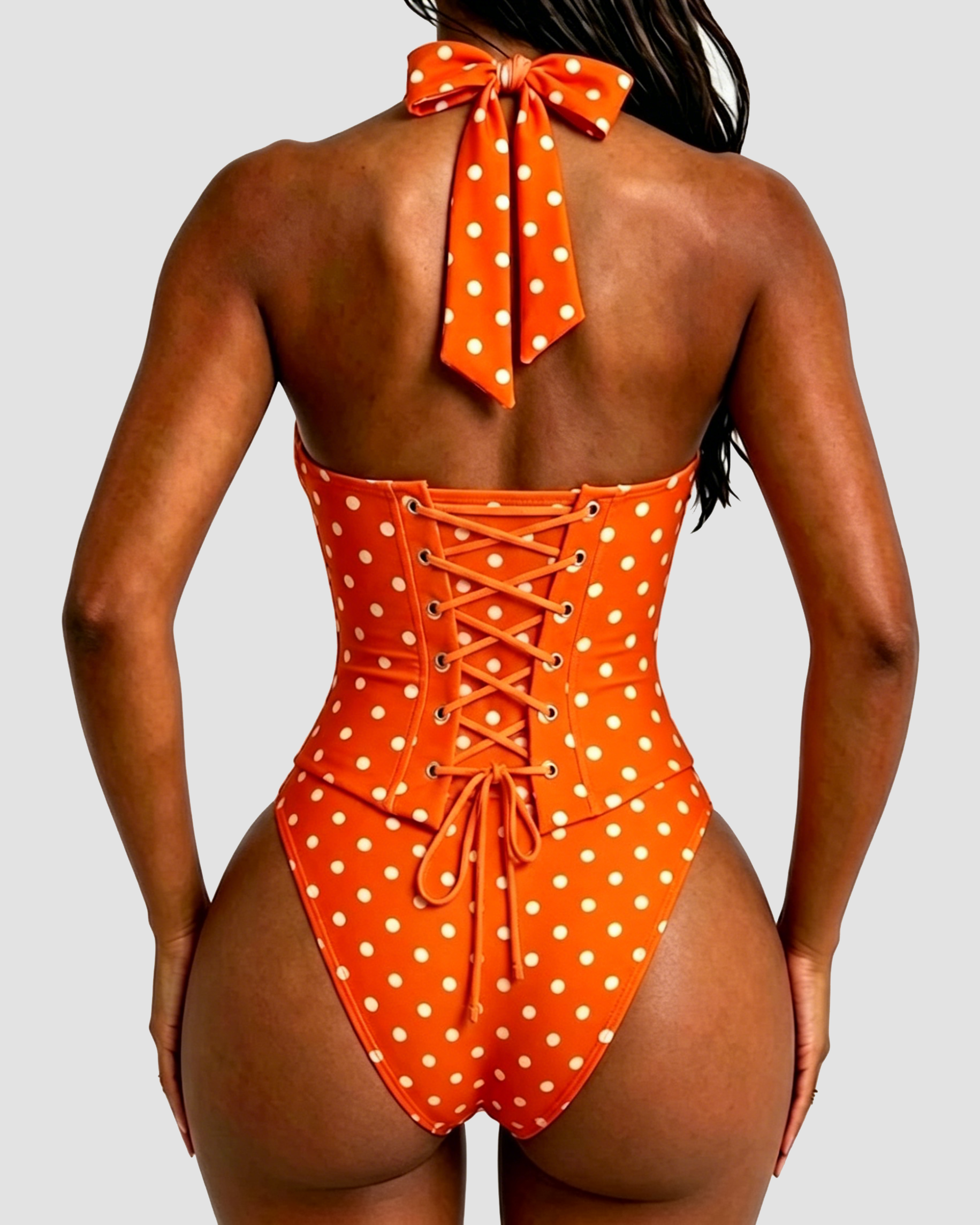 Polka Dot Halter Corset One-Piece Swimsuit  - By Qivii