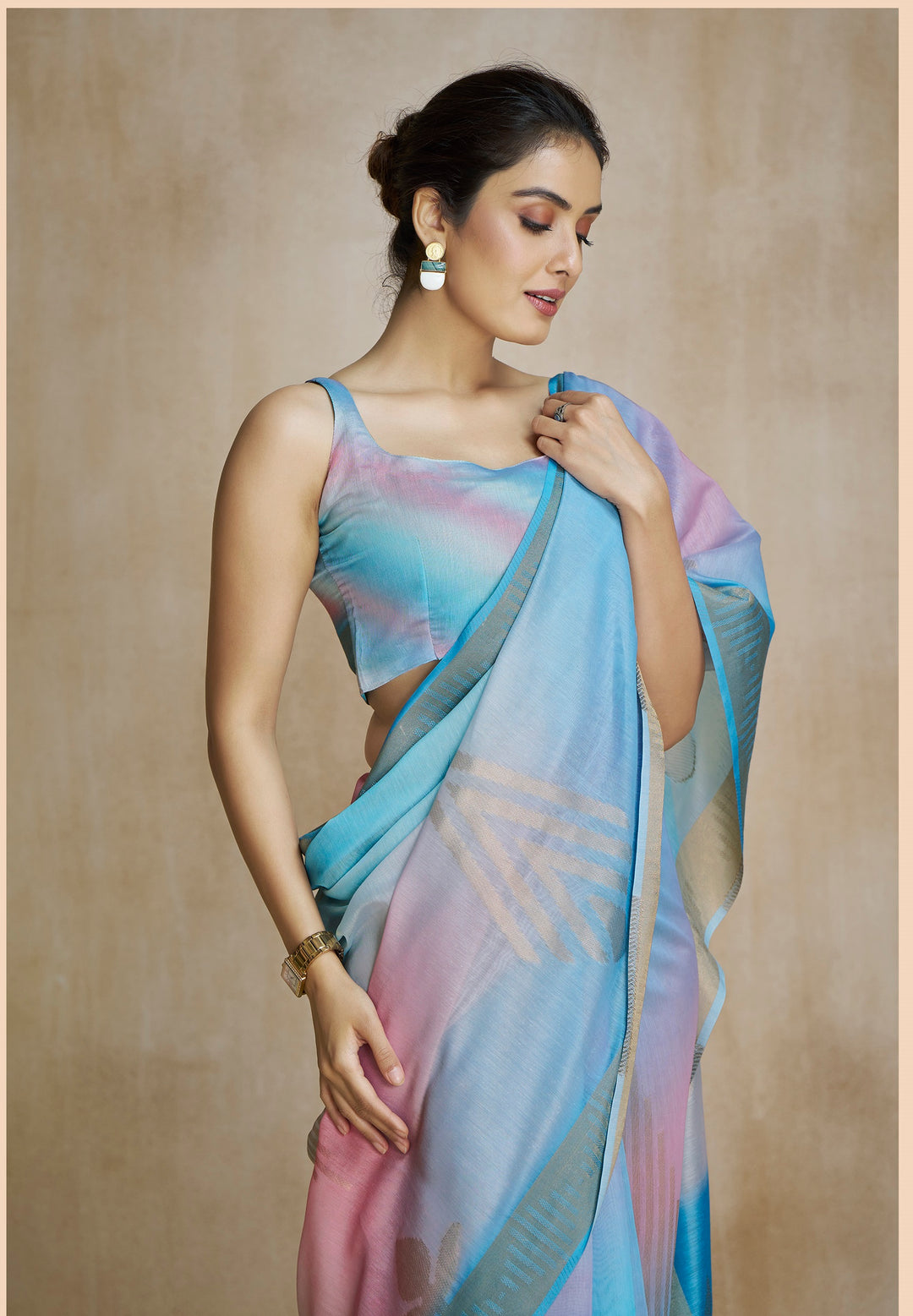 Blue Color Art Silk Zari Border ,Digital Print With Multitone Saree