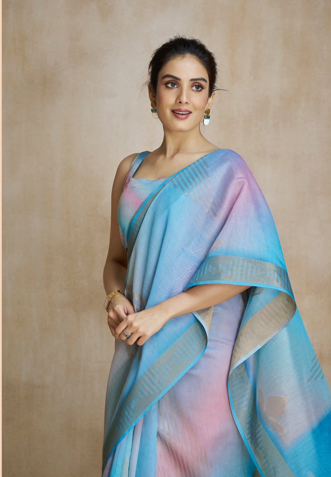 Blue Color Art Silk Zari Border ,Digital Print With Multitone Saree