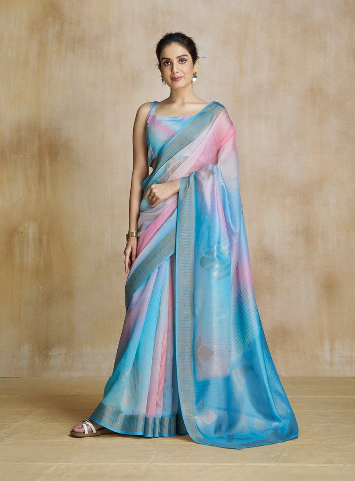 Blue Color Art Silk Zari Border ,Digital Print With Multitone Saree