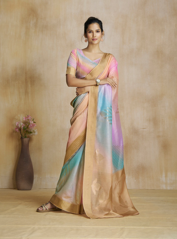 Multi Color Art Silk Zari Border ,Digital Print With Multitone Saree