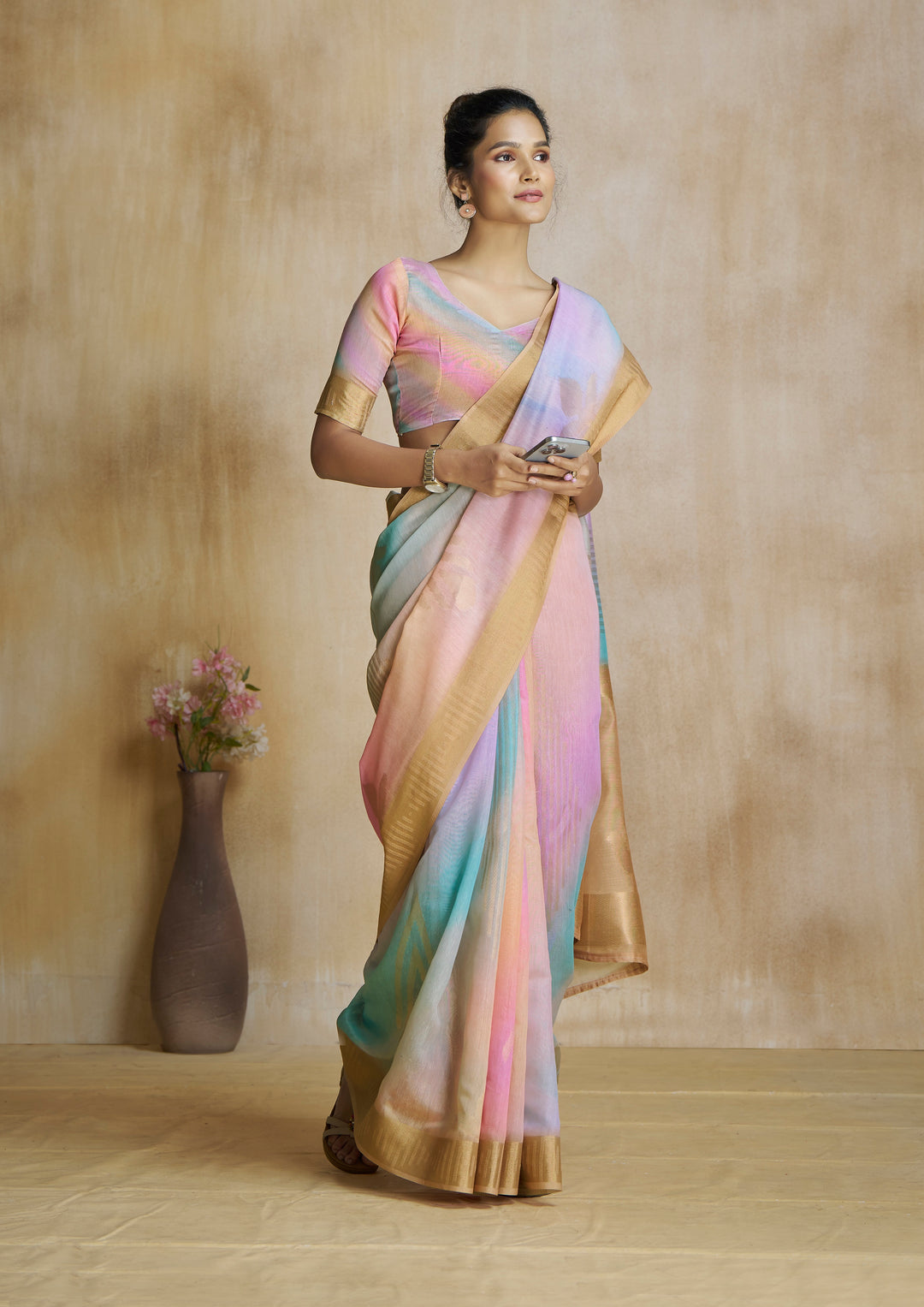 Multi Color Art Silk Zari Border ,Digital Print With Multitone Saree