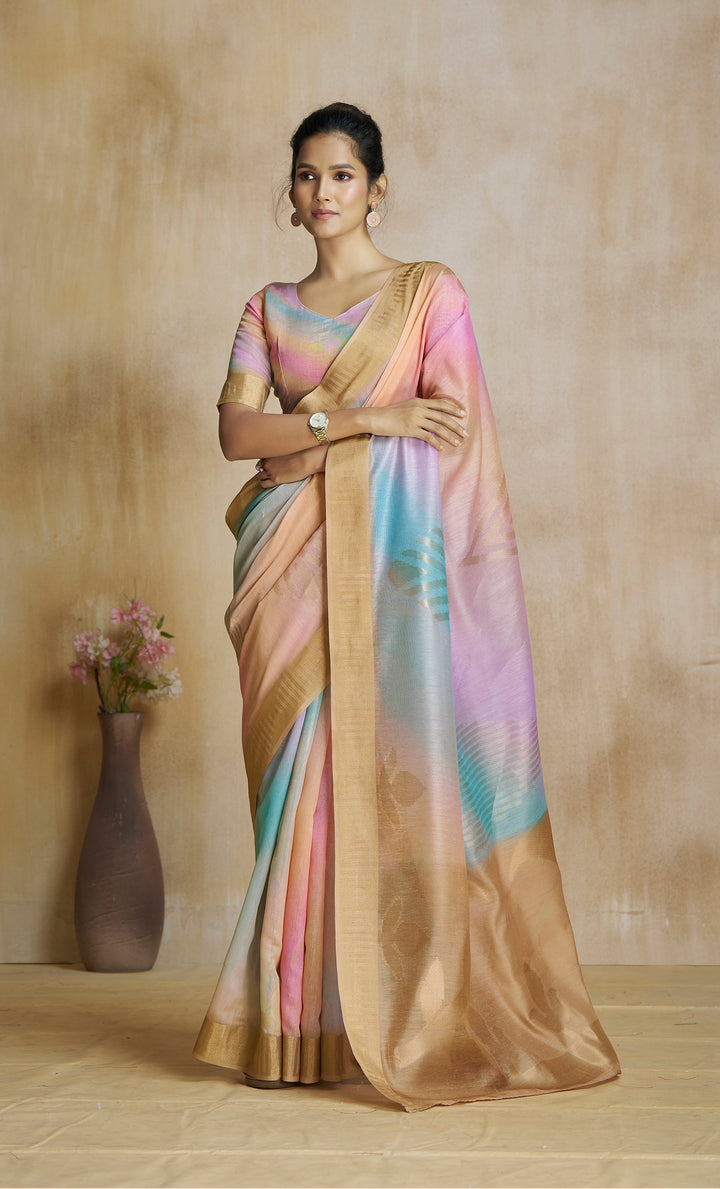 Multi Color Art Silk Zari Border ,Digital Print With Multitone Saree