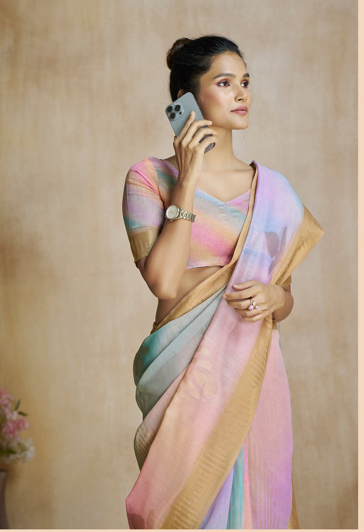 Multi Color Art Silk Zari Border ,Digital Print With Multitone Saree