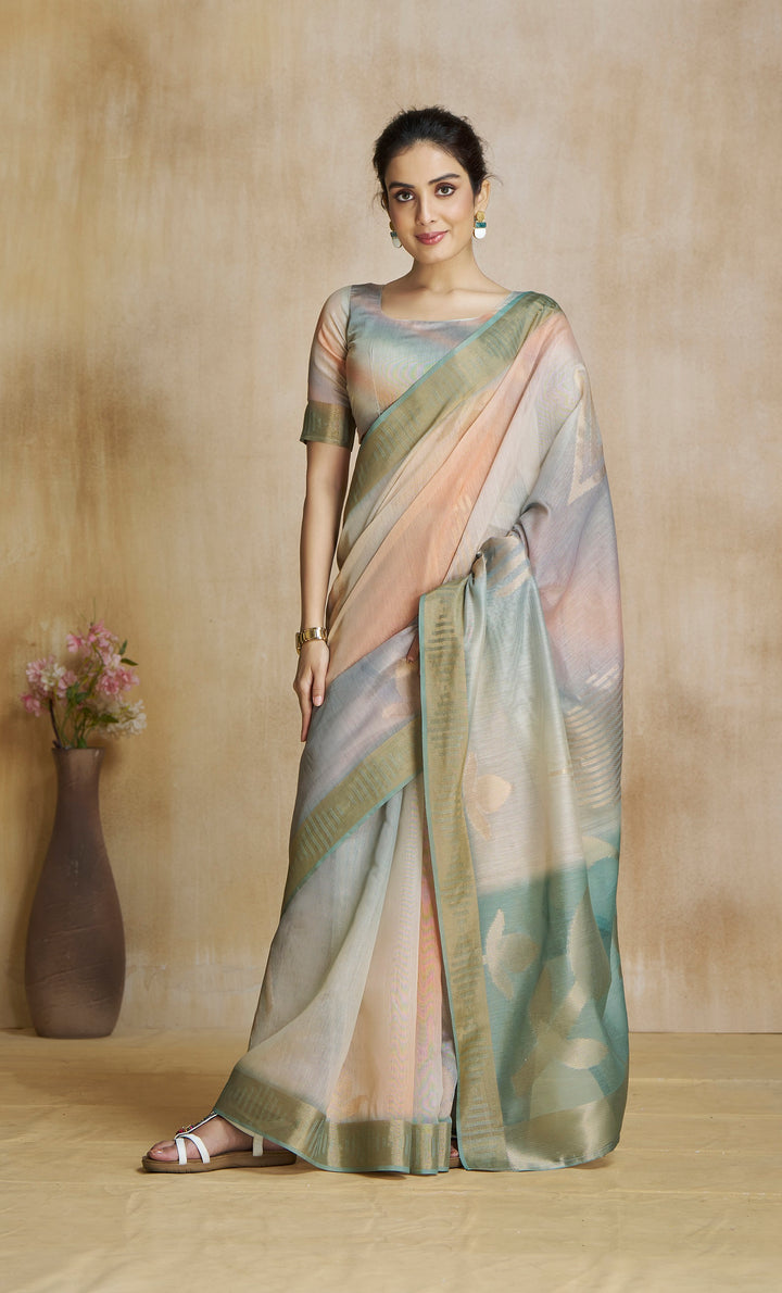 Multi Color Art Silk Zari Border ,Digital Print With Multitone Saree