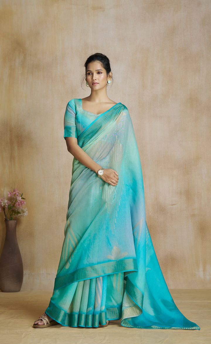 Blue Color Art Silk Zari Border ,Digital Print With Multitone Saree