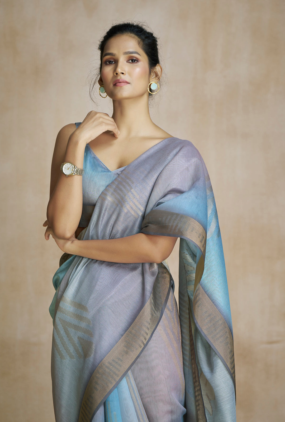 Grey Color Art Silk Zari Border ,Digital Print With Multitone Saree