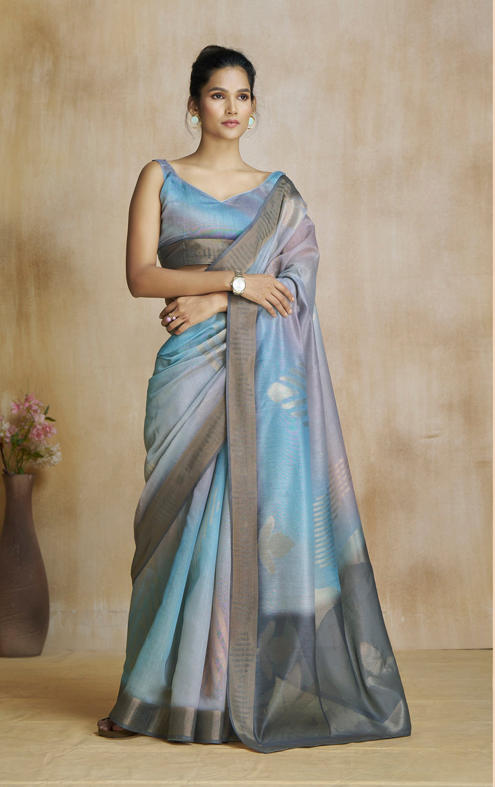 Grey Color Art Silk Zari Border ,Digital Print With Multitone Saree