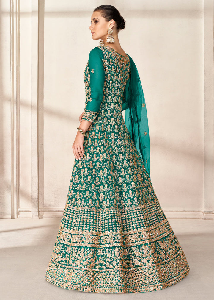 Teal Green Net Anarkali Suit with Heavy Embroidey work By Qivii