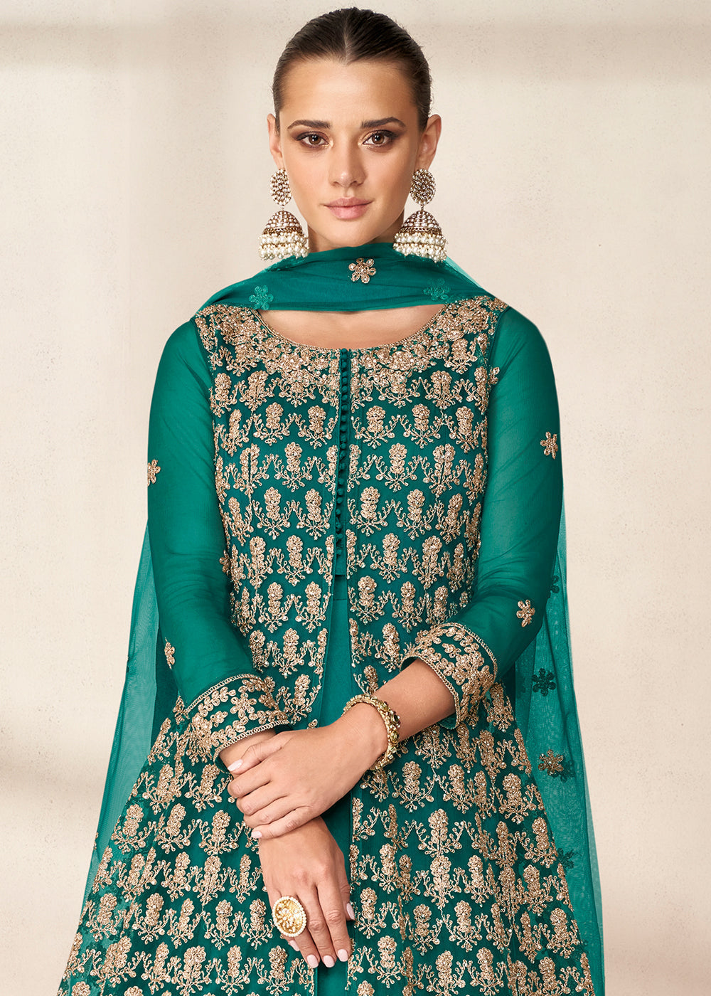 Teal Green Net Anarkali Suit with Heavy Embroidey work By Qivii