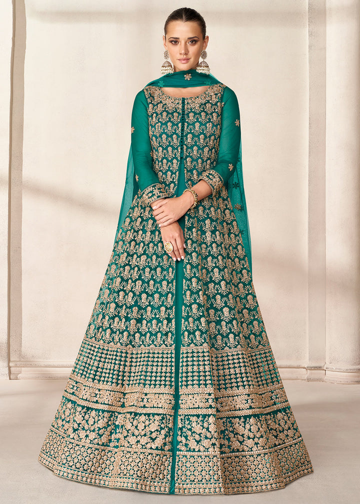 Teal Green Net Anarkali Suit with Heavy Embroidey work By Qivii