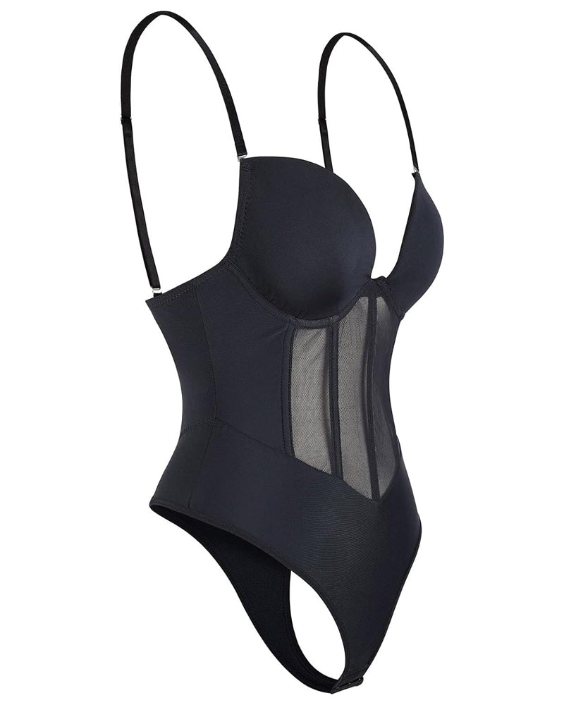 Sexy Mesh Shapewear Corset Backless Thong Bodysuit With Built-in Bra  - By Qivii