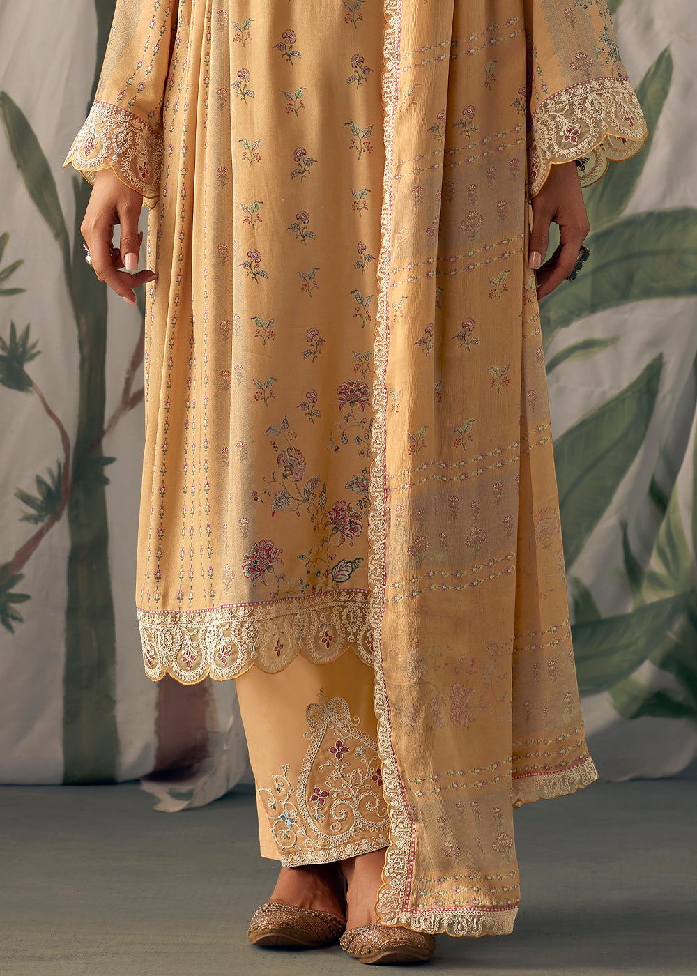 Peru Brown Digital Printed Muslin Salwar Suit with Light Embroidery work - qivii