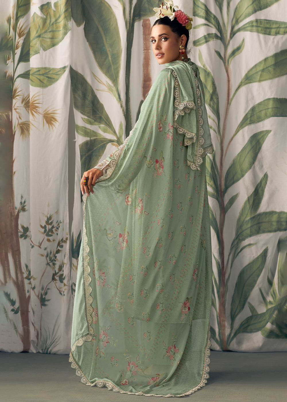 Fern Green Digital Printed Muslin Salwar Suit with Light Embroidery work